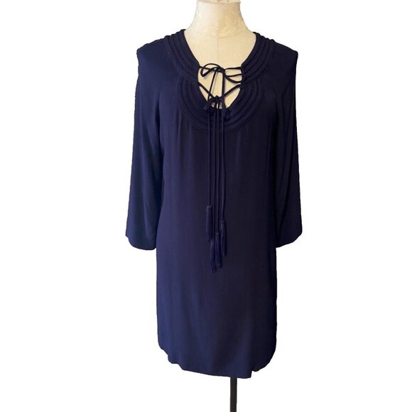 DVF Diane Von Furstenberg Dress Blue 4 Small Shift Long Sleeve Relaxed Tie Neck - Picture 3 of 10